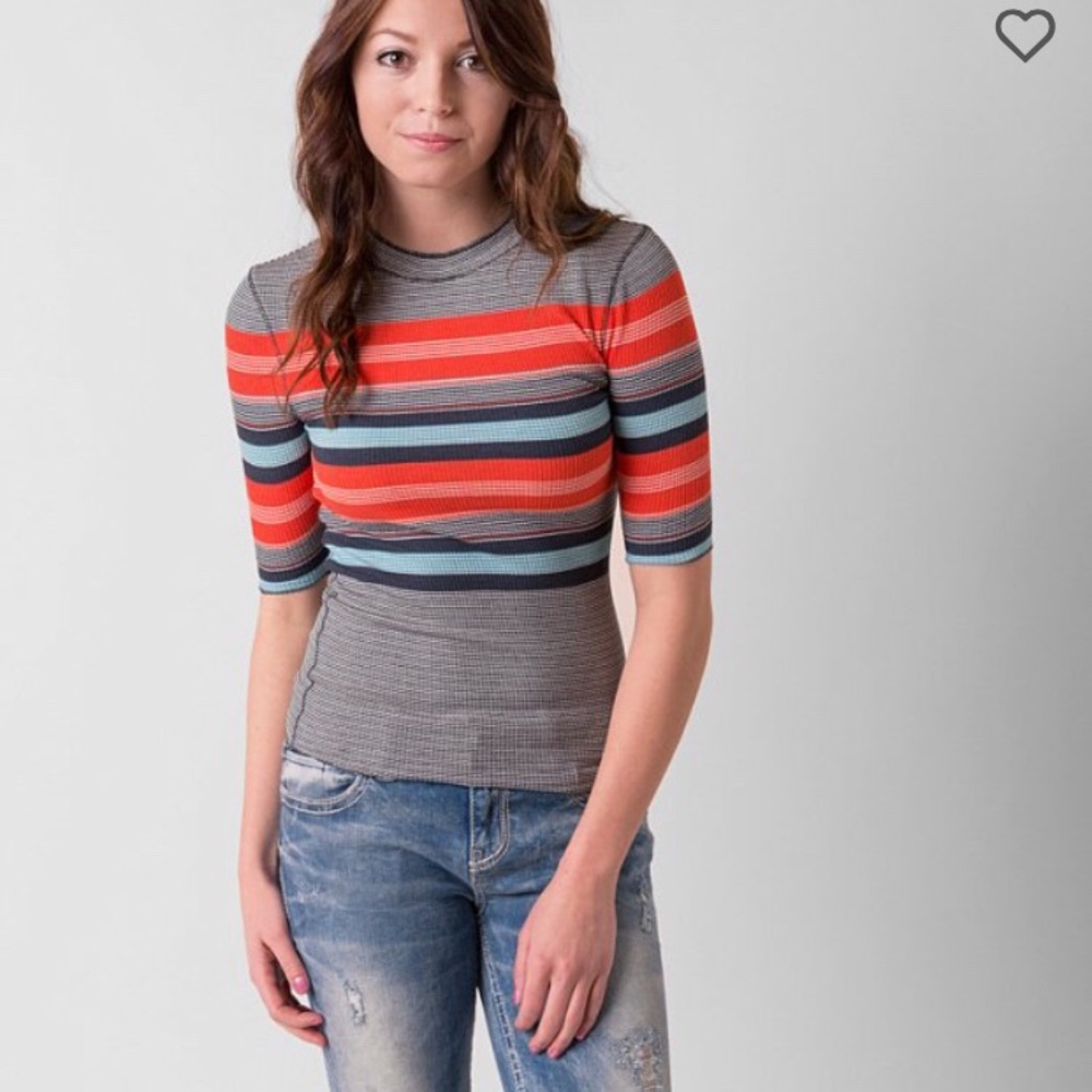 Free People Mock-Neck Stripped Ribbed Top